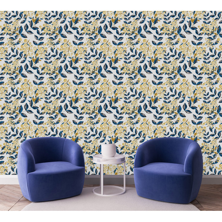 Red Barrel Studio® Blue Leaves And Gold Berries Wallpaper Wayfair Canada